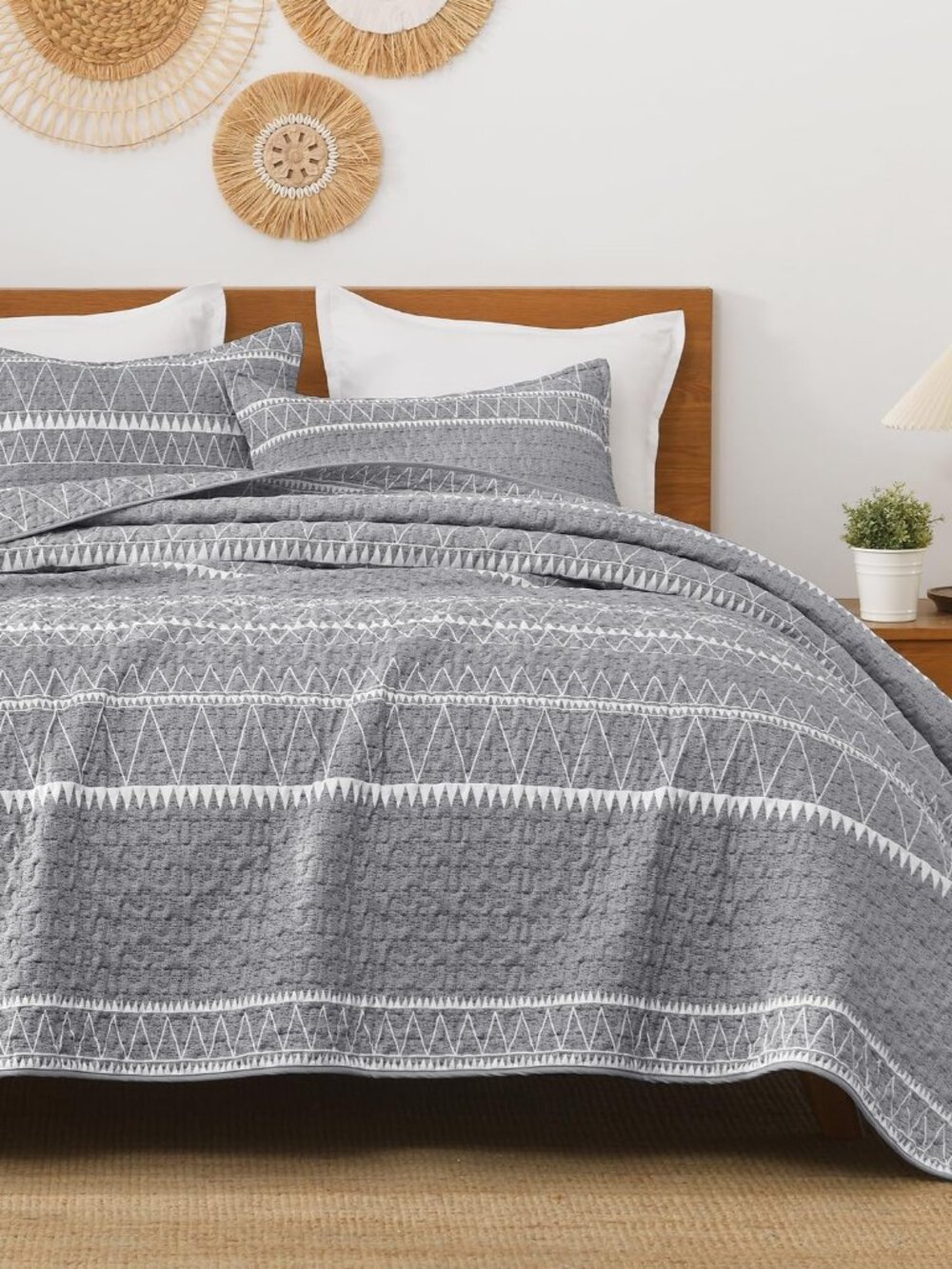 Quilts Queen Size Grey, 3 Pieces Boho Lightweight Striped Bedspread